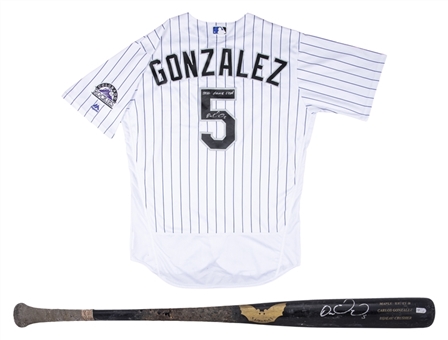 Lot of (2) 2010-16 Carlos Gonzalez Game Used & Signed SAM Bat & Home Jersey - Jersey Photo Matched to Grand Slam on 6/26/16 (PSA/DNA GU 8.5, Resolution Photomatching, MLB Authenticated & Beckett)